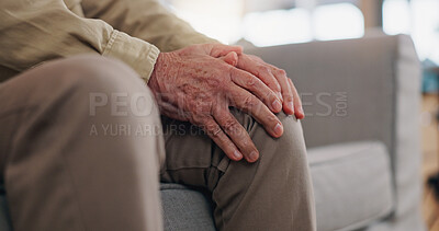 Buy stock photo Hands, sofa and senior man with knee pain, injury or accident in living room at nursing home. Healthcare, relax and elderly person with leg muscle, ligament or cartilage sprain for osteoarthritis.