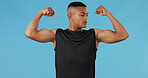 Black man, flex arms and muscle in studio with growth, power and fitness by blue background. Person, model or bodybuilder with biceps, strong and development with health, wellness or results for body