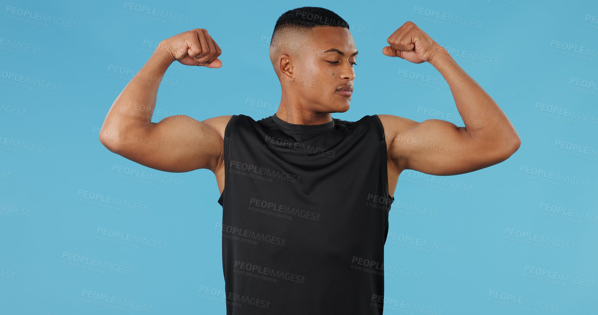 Buy stock photo Black man, flex arms and muscle in studio with growth, power and fitness by blue background. Person, model or bodybuilder with biceps, strong and development with health, wellness or results for body