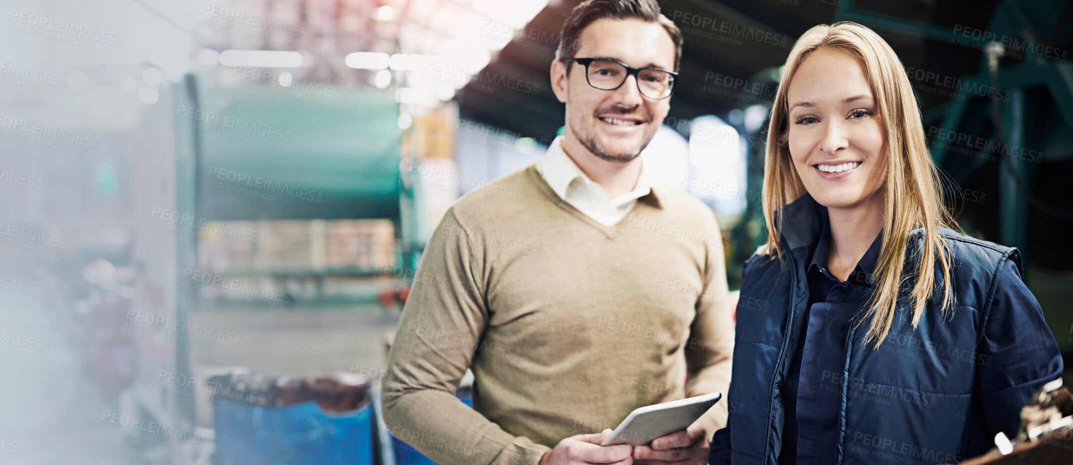 Buy stock photo Man, woman and portrait for warehouse inspection with clipboard or tablet for supply chain, distribution or manufacturing. Factory worker, face and teamwork for courier logistics, import or delivery