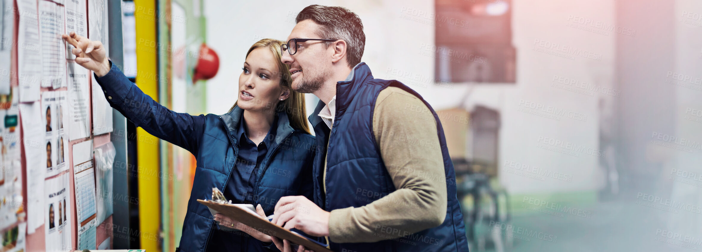 Buy stock photo People, business and checking schedule with board in warehouse with calendar for order details. Man, woman and together with checklist or clipboard for supplier information and inventory updates