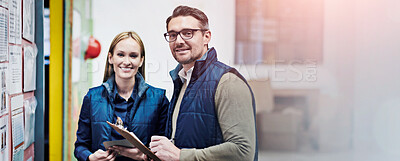 Buy stock photo Warehouse, clipboard and portrait of business people with smile for collaboration, compliance and inspection. Billboard, woman and man with checklist for report, teamwork and factory information