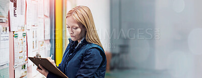 Buy stock photo Warehouse, inventory and woman with clipboard, writing and industry of shipping and manufacturing. Checklist, staff and female person as employee for goods or stock in factory, job and logistics