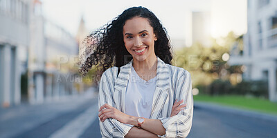 Buy stock photo Happy, portrait and businesswoman with crossed arms in city for travel, commute and walk to office. Smile, confident and female lawyer with positive attitude for outdoor journey in town in Canada.