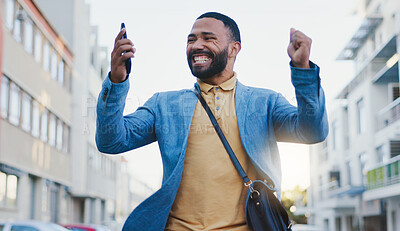 Buy stock photo Employee, man and happy outdoor on smartphone with good news on email notification with winning prize. Male person, business and smile or excited with success on loan application and approval