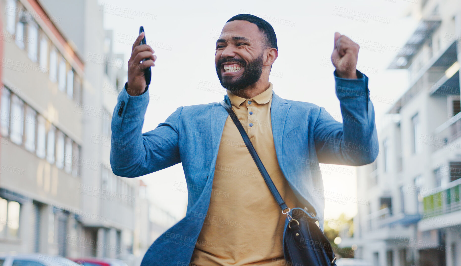 Buy stock photo Employee, man and happy outdoor on smartphone with good news on email notification with winning prize. Male person, business and smile or excited with success on loan application and approval