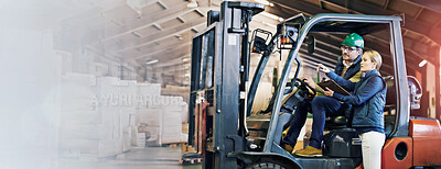 Buy stock photo Discussion, warehouse and workers with forklift working on site, loading on dock with Industrial moving vehicle. Teamwork, together or woman with clipboard for shipping inventory, hardhat for safety