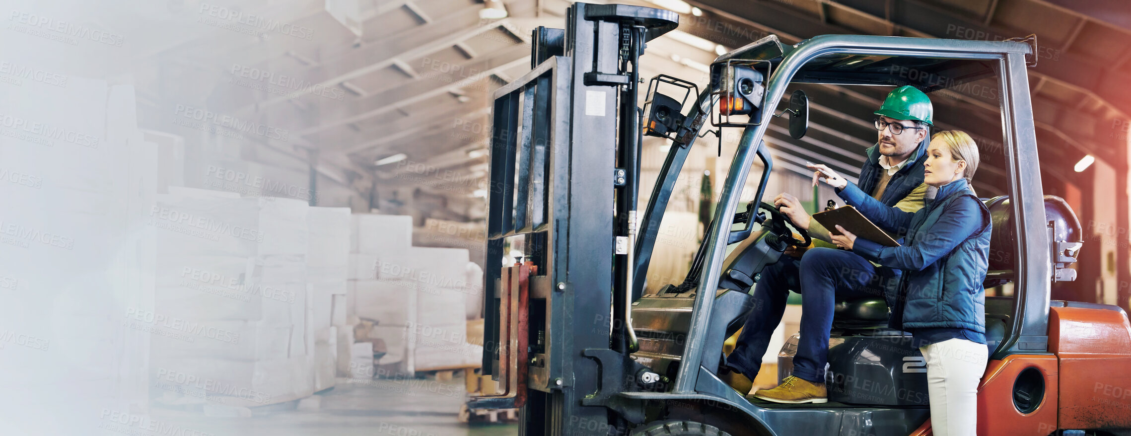 Buy stock photo Discussion, warehouse and workers with forklift working on site, loading on dock with Industrial moving vehicle. Teamwork, together or woman with clipboard for shipping inventory, hardhat for safety