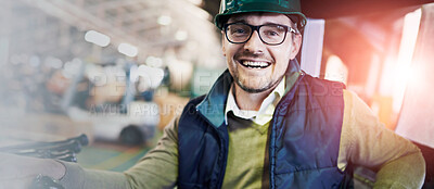 Buy stock photo Man, portrait and forklift in warehouse fr logistics distribution for supply chain factory, import or delivery. Male person, face and hardhat for supplier manufacturing or courier, storage or driving