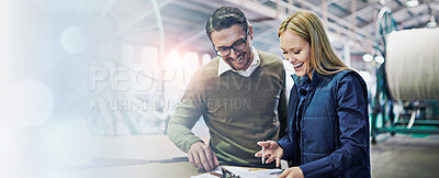 Buy stock photo Happy, business people and reading with checklist for inventory, storage or supply chain at warehouse. Coworkers or employees looking at documents, paperwork or clipboard for distribution at factory