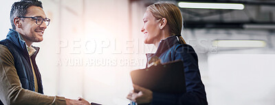 Buy stock photo Business people, handshake and welcome for b2b collaboration, partnership and agreement. Professional, clipboard and shaking hands for introduction, b2b onboarding or teamwork in shipping warehouse