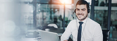 Buy stock photo Portrait of a young customer service representative wearing a headset while sitting at his workstation in an office