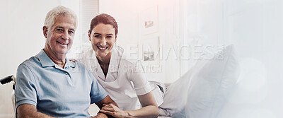 Buy stock photo Portrait, caregiver and senior man in wheelchair for medical disability, wellness or support in nursing home. Happy nurse helping disabled patient, elderly and healthcare empathy for rehabilitation 