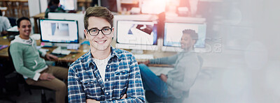 Buy stock photo Portrait, business people and man with arms crossed, teamwork and graphic designers in office. Face, group and employees with computer, cooperation and illustration with collaboration and technology