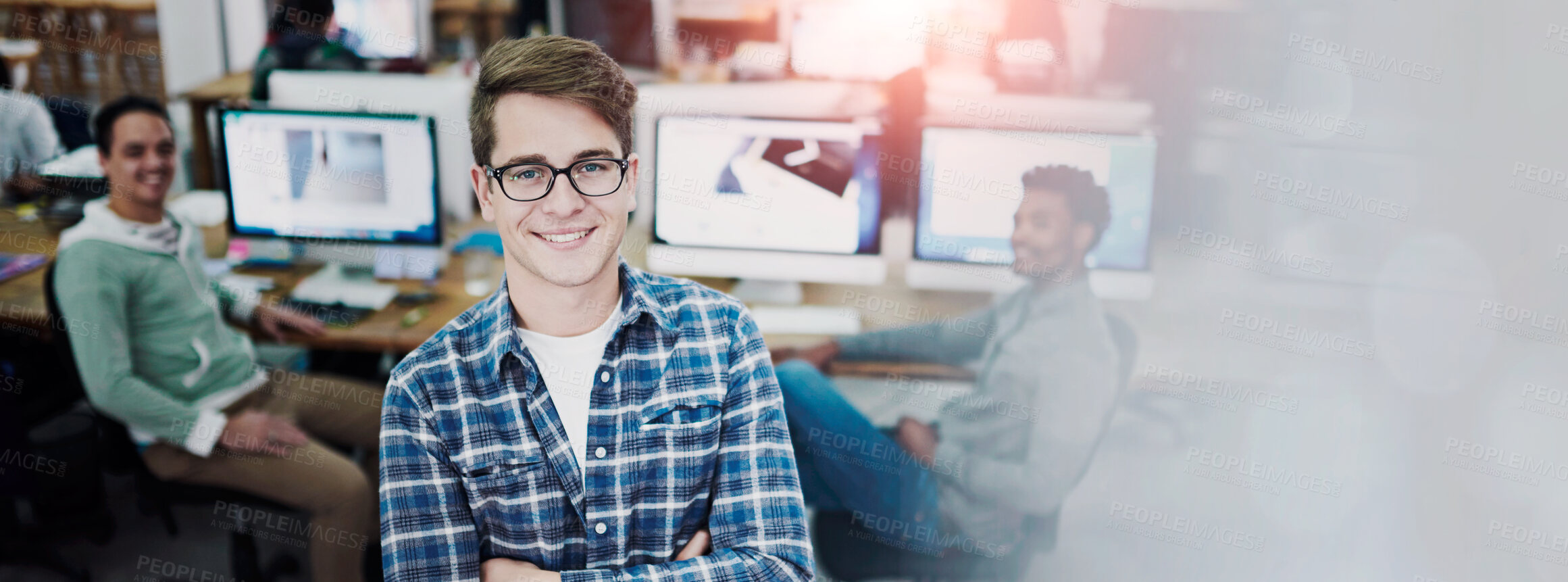 Buy stock photo Portrait, business people and man with arms crossed, teamwork and graphic designers in office. Face, group and employees with computer, cooperation and illustration with collaboration and technology