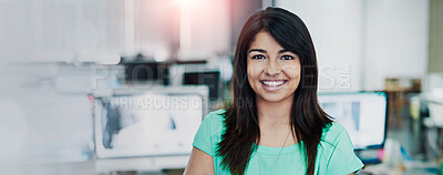 Buy stock photo Portrait, business people and woman with arms crossed, office and smile with confidence. Face, group and employees with leadership, computer and graphic designer with pride, joy and career ambition