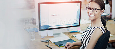 Buy stock photo Woman, portrait and web designer with computer screen in office, startup company and website developer in workplace. Professional, smile and confident or business project, webdesign agency and career