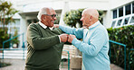 Senior, men and fist bump outdoor with communication for retirement agreement, partnership and celebration. Happy, elderly and people with deal support for respect, laughing and comic joke of success