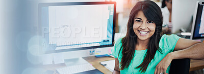 Buy stock photo Office, graphic designer or woman in portrait with computer screen, connection and website creation. Creative company, startup and employee with monitor, technology or application skills in workplace