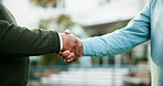 Handshake, senior men and meeting outdoor for retirement agreement, partnership and celebration. Elderly, people and friends with introduction for deal support, respect and achievement of community