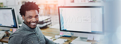 Buy stock photo Portrait of an smiling young designer sitting at a computer in an office