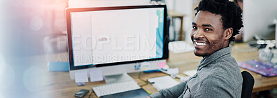 Buy stock photo Man, portrait and creative workplace with secretary, start up and business administrator with administration skills. Happy, receptionist and smile in office, professional and confident in career