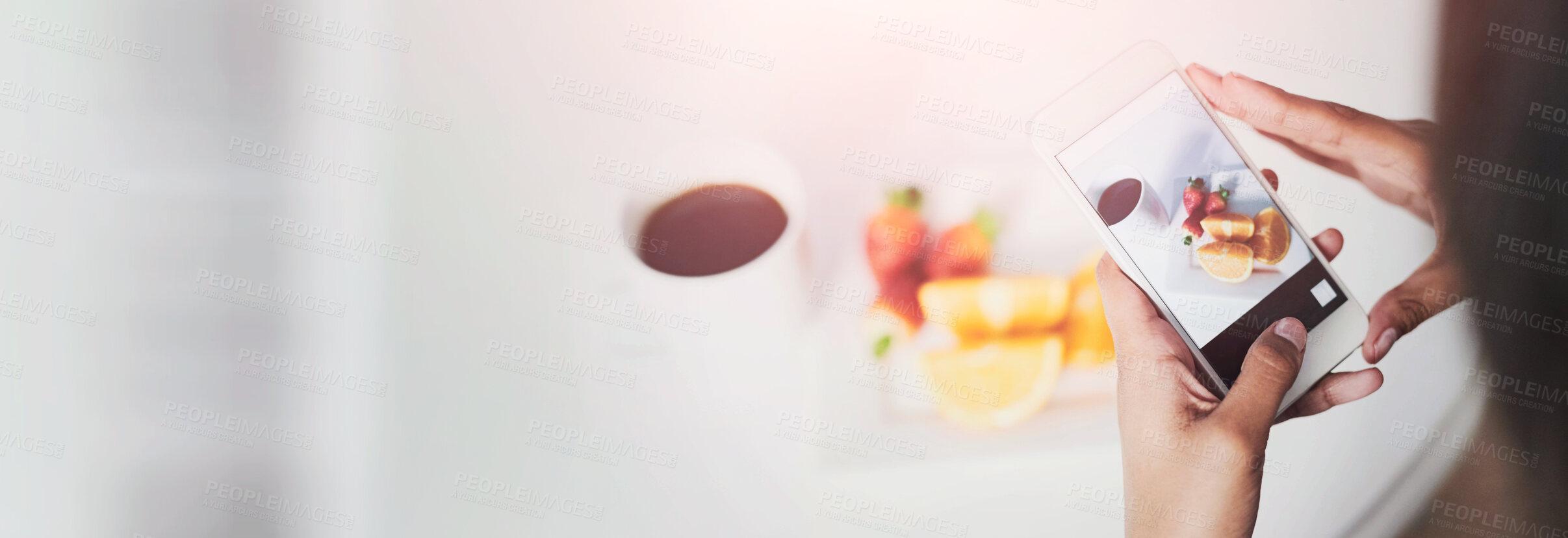 Buy stock photo Shot of an unidentifiable woman taking a picture of her breakfast with her smartphone