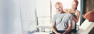 Buy stock photo Senior, man and physiotherapy for neck pain treatment or rehabilitation consultation, mobility or injury. Client, woman and stretch joint or accident healing in retirement, healthcare or insurance