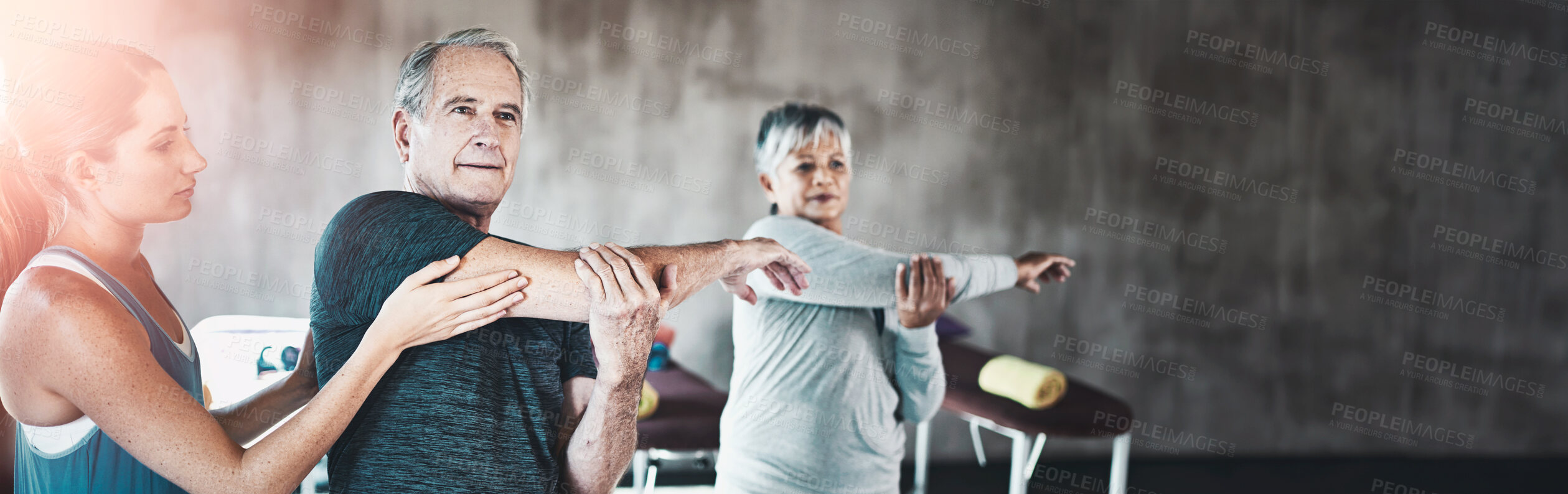 Buy stock photo Stretching, physiotherapy and old man with personal trainer for fitness, wellness or rehabilitation. Health, workout or retirement with senior patient and physiotherapist in gym for warm up training