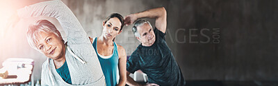 Buy stock photo Stretching, physical therapy and old woman with personal trainer in class for fitness, wellness or rehabilitation. Health, workout or retirement with senior patient and physiotherapist for warm up