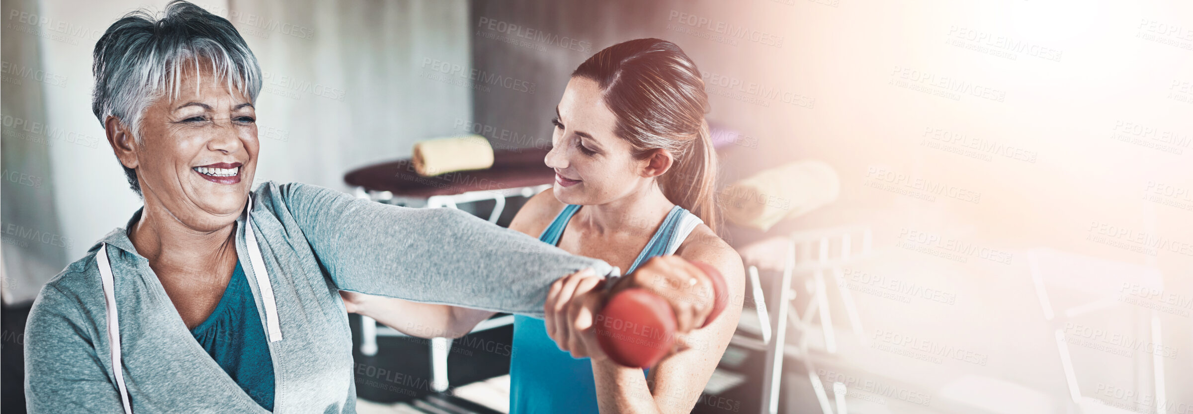 Buy stock photo Old woman, physiotherapy and dumbbell for injury treatment or osteoporosis helping, joint pain or inflammation. Senior person, client and mobility recovery or accident assessment, support or smile