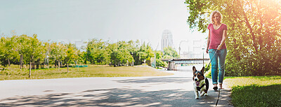 Buy stock photo Shot of an attractive young woman walking her dog in the park