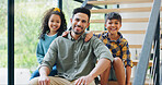 Father, children and portrait on stairs in new house with property investment, real estate and security. Family, people and happy kids on staircase of dream home for insurance, mortgage and support