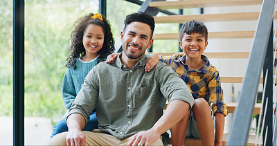 Buy stock photo Father, children and portrait on stairs in new house with property investment, real estate and security. Family, people and happy kids on staircase of dream home for insurance, mortgage and support