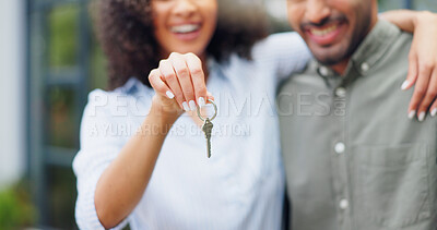 Buy stock photo Couple, hands and new home with keys, love and smile together from property investment outdoor. Mortgage, opportunity and African woman from with real estate, marriage and commitment with support