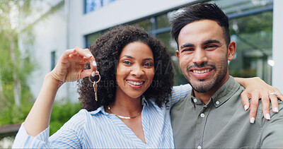 Buy stock photo Couple, hug and new home with keys, portrait
 and smile together from property investment outdoor. Mortgage, opportunity and African people from with real estate, marriage and commitment with support