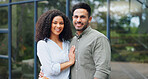 Couple, portrait and new home with happy, love and smile together from property investment outdoor. Mortgage, opportunity and people hug from with real estate, marriage and commitment with support