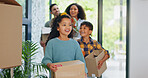 Real estate, parents and children with boxes in new home for property investment, excited and security. Family, people and kids at front door of dream house for insurance, moving day and achievement