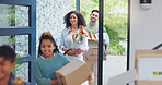 Real estate, parents and kids with boxes in new home for property investment, excited and security. Family, people and children at front door of dream house for insurance, moving day and achievement