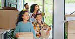 Real estate, parents and kids with boxes in new house for property investment, excited and security. Family, people and children at front door of dream home for insurance, moving day and achievement