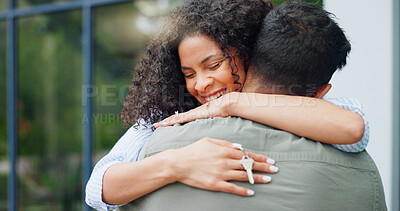 Buy stock photo Couple, hug and new home with keys, love and smile together from property investment outdoor. Mortgage, opportunity and African woman from with real estate, marriage and commitment with support