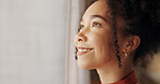 Profile, happy woman and planning future in home, thinking or reflection of mindset by window view or curtains. Living room, smile and African girl with vision, ideas and dream on mockup space banner