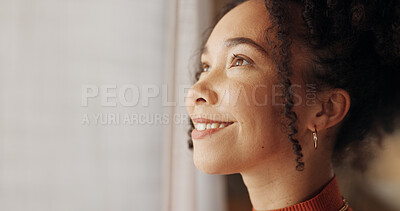 Buy stock photo Profile, happy woman and planning future in home, thinking or reflection of mindset by window view or curtains. Living room, smile and African girl with vision, ideas and dream on mockup space banner