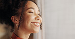 Profile, happy woman and ideas in home, thinking or planning future by window view or curtains. Living room, smile and African girl with vision, reflection and start morning on mockup space banner