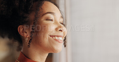 Buy stock photo Profile, happy woman and ideas in home, thinking or planning future by window view or curtains. Living room, smile and African girl with vision, reflection and start morning on mockup space banner