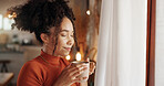 Aroma, coffee and wellness with face of woman in living room of home to relax for weekend. Fresh, scent and smell with happy African person in apartment for morning beverage or caffeine drink