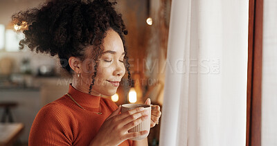 Buy stock photo Aroma, coffee and wellness with face of woman in living room of home to relax for weekend. Fresh, scent and smell with happy African person in apartment for morning beverage or caffeine drink