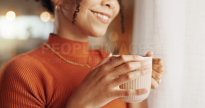 Buy stock photo Coffee, hands and wellness with smile of woman in living room of apartment to relax on weekend. Beverage, cup or fresh drink and happy person closeup in apartment with caffeine to start morning