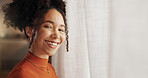 Portrait, smile and wellness with woman in home on mockup space for break to relax on weekend. Curtain, face and satisfaction with happy African person in apartment for leave or morning time off
