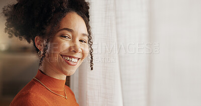 Buy stock photo Portrait, smile and wellness with woman in home on mockup space for break to relax on weekend. Curtain, face and satisfaction with happy African person in apartment for leave or morning time off